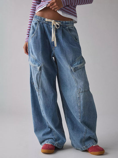 Baggy Cargo Jeans For Women - Washed Retro Y2K Low Rise Drawstring Wide Leg Pants - Spring Streetwear 2026