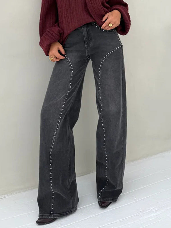 Studded Straight Leg Jeans For Women - Medium Wash Retro Rivet Detail Wide Leg Denim - Spring Night Out Fashion 2026
