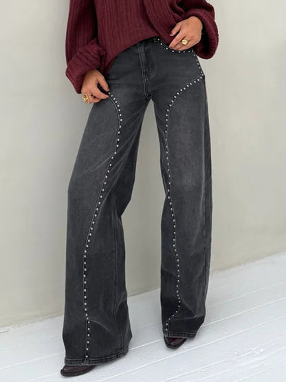Studded Straight Leg Jeans For Women - Medium Wash Retro Rivet Detail Wide Leg Denim - Spring Night Out Fashion 2026