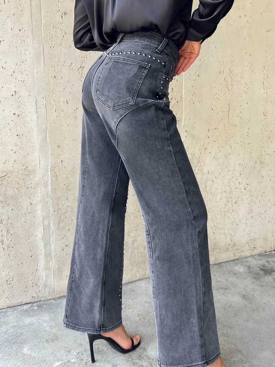 Studded Straight Leg Jeans For Women - Medium Wash Retro Rivet Detail Wide Leg Denim - Spring Night Out Fashion 2026