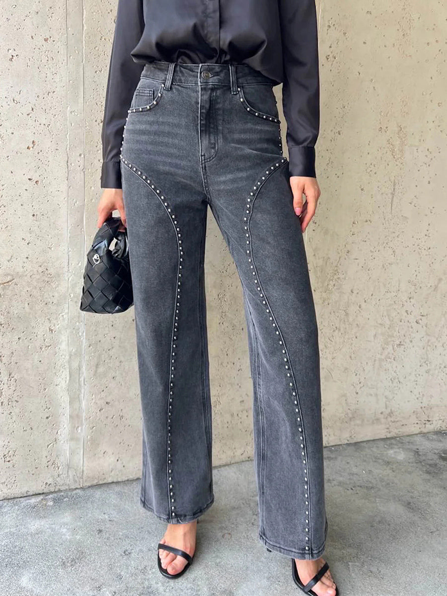 Studded Straight Leg Jeans For Women - Medium Wash Retro Rivet Detail Wide Leg Denim - Spring Night Out Fashion 2026