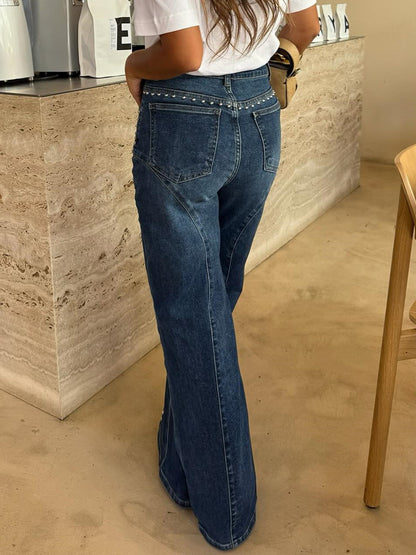 Studded Straight Leg Jeans For Women - Medium Wash Retro Rivet Detail Wide Leg Denim - Spring Night Out Fashion 2026