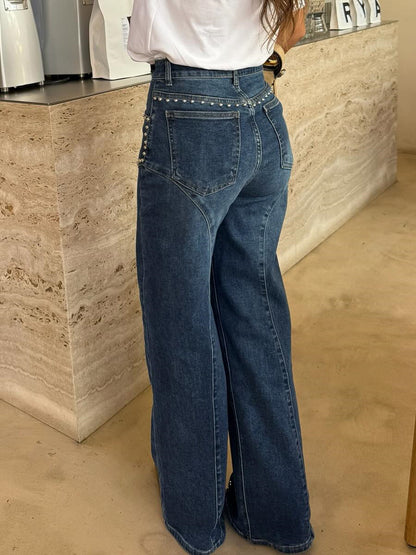 Studded Straight Leg Jeans For Women - Medium Wash Retro Rivet Detail Wide Leg Denim - Spring Night Out Fashion 2026