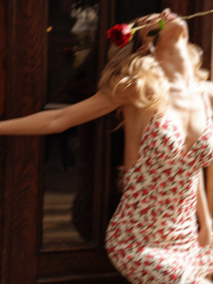 Floral Backless Maxi Dress For Women - Flowers Print Tiered Ruffle Hem High Slit Halter Gown - Summer Sexy Date Night Outfit 2026