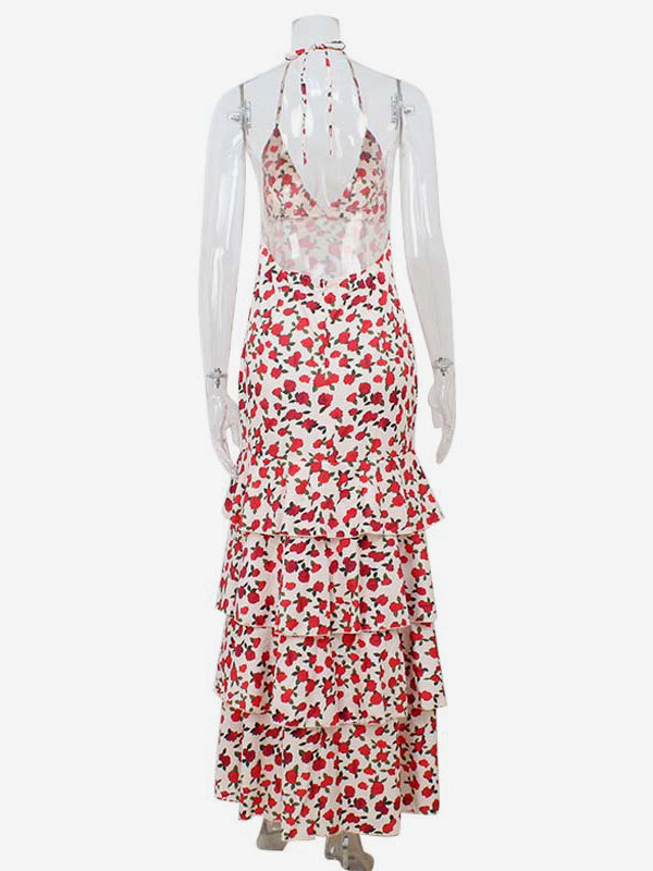 Floral Backless Maxi Dress For Women - Flowers Print Tiered Ruffle Hem High Slit Halter Gown - Summer Sexy Date Night Outfit 2026