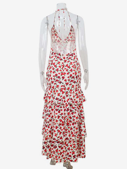 Floral Backless Maxi Dress For Women - Flowers Print Tiered Ruffle Hem High Slit Halter Gown - Summer Sexy Date Night Outfit 2026