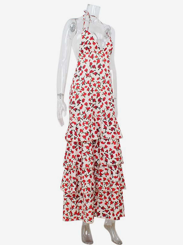 Floral Backless Maxi Dress For Women - Flowers Print Tiered Ruffle Hem High Slit Halter Gown - Summer Sexy Date Night Outfit 2026