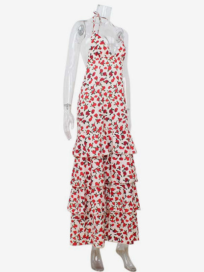 Floral Backless Maxi Dress For Women - Flowers Print Tiered Ruffle Hem High Slit Halter Gown - Summer Sexy Date Night Outfit 2026