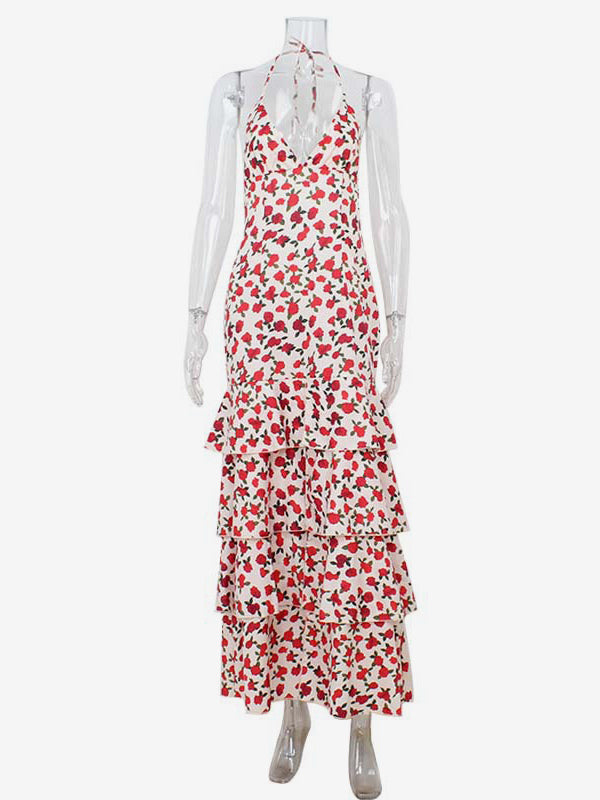 Floral Backless Maxi Dress For Women - Flowers Print Tiered Ruffle Hem High Slit Halter Gown - Summer Sexy Date Night Outfit 2026