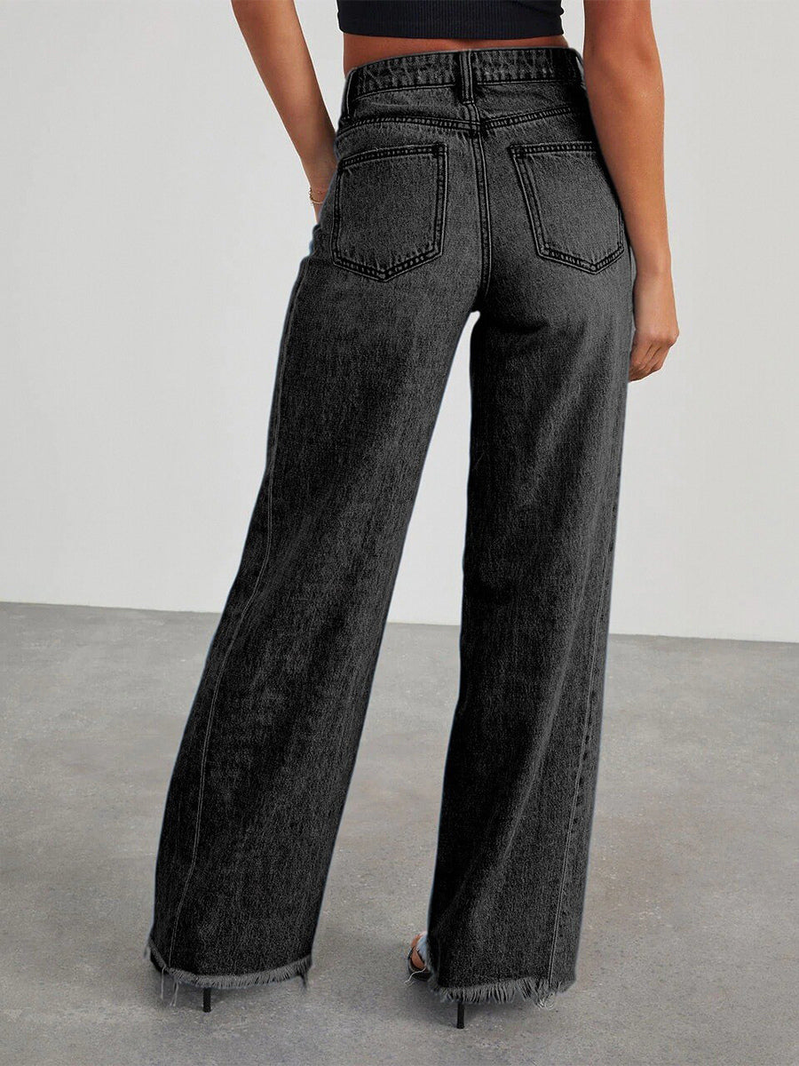 Seam Front Wide Leg Jeans For Women - Retro Raw Hem Washed Denim - Spring Casual Streetwear 2026