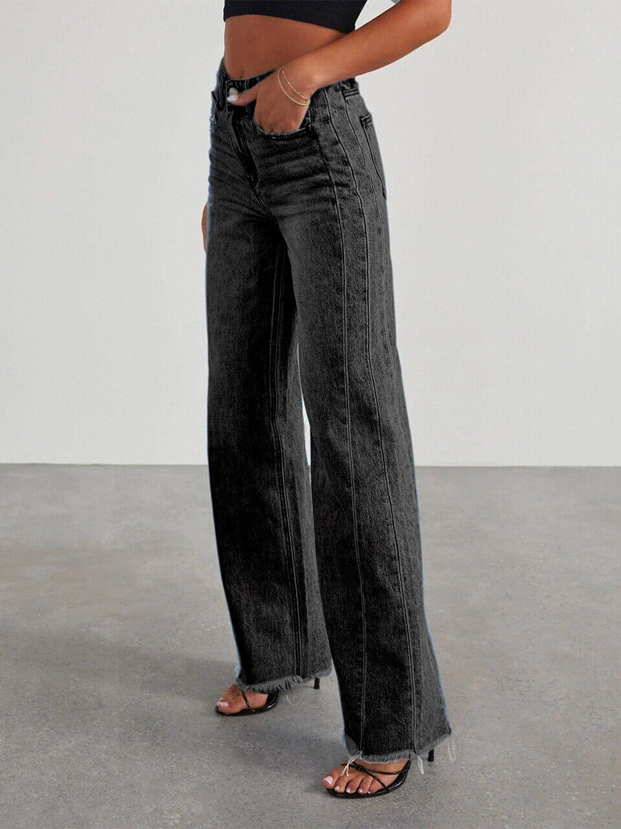 Seam Front Wide Leg Jeans For Women - Retro Raw Hem Washed Denim - Spring Casual Streetwear 2026