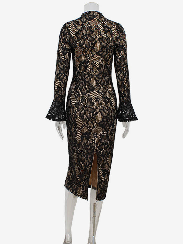 Lace Bodycon Midi Dress For Women - Black Vintage Keyhole Bell Sleeve Back Slit Sheath Dress - Spring Cocktail Party 2026