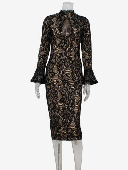 Lace Bodycon Midi Dress For Women - Black Vintage Keyhole Bell Sleeve Back Slit Sheath Dress - Spring Cocktail Party 2026