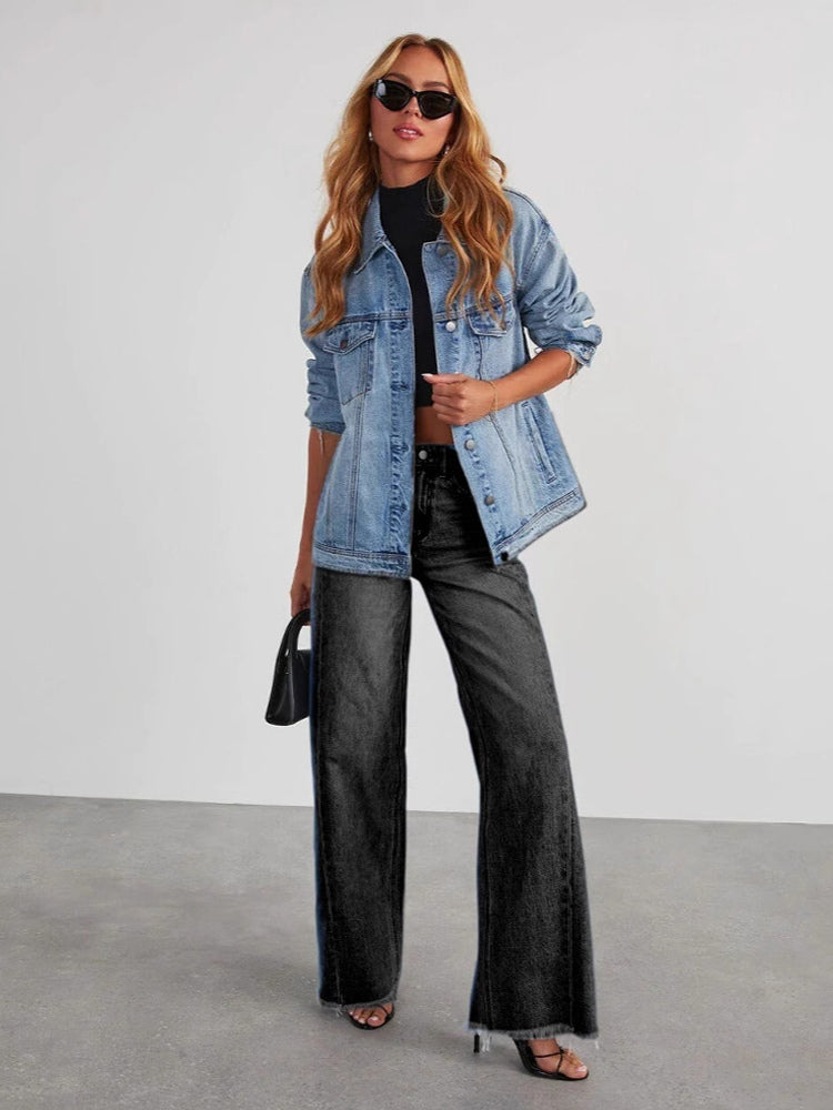 Seam Front Wide Leg Jeans For Women - Retro Raw Hem Washed Denim - Spring Casual Streetwear 2026