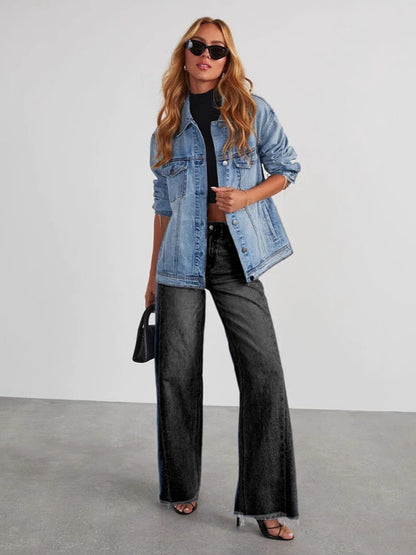 Seam Front Wide Leg Jeans For Women - Retro Raw Hem Washed Denim - Spring Casual Streetwear 2026
