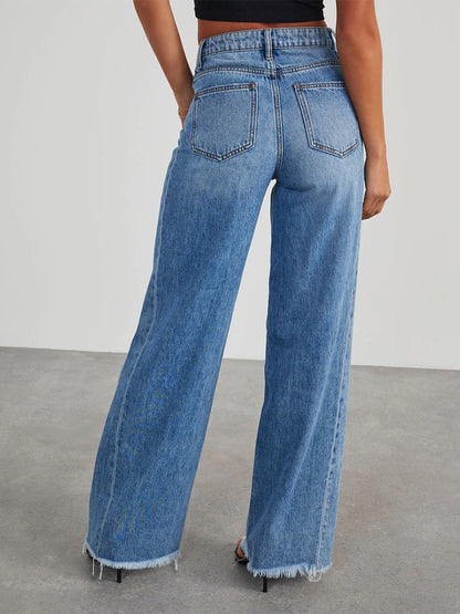 Seam Front Wide Leg Jeans For Women - Retro Raw Hem Washed Denim - Spring Casual Streetwear 2026
