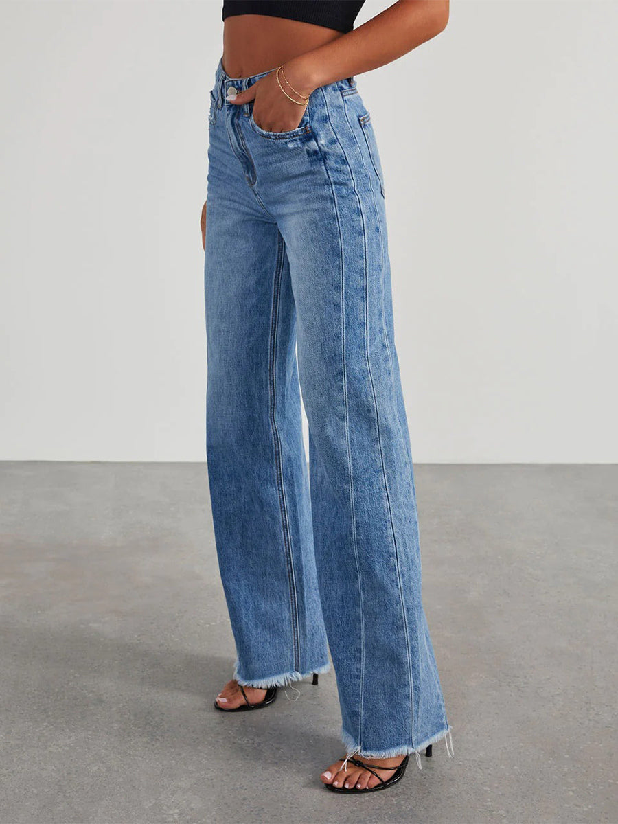 Seam Front Wide Leg Jeans For Women - Retro Raw Hem Washed Denim - Spring Casual Streetwear 2026