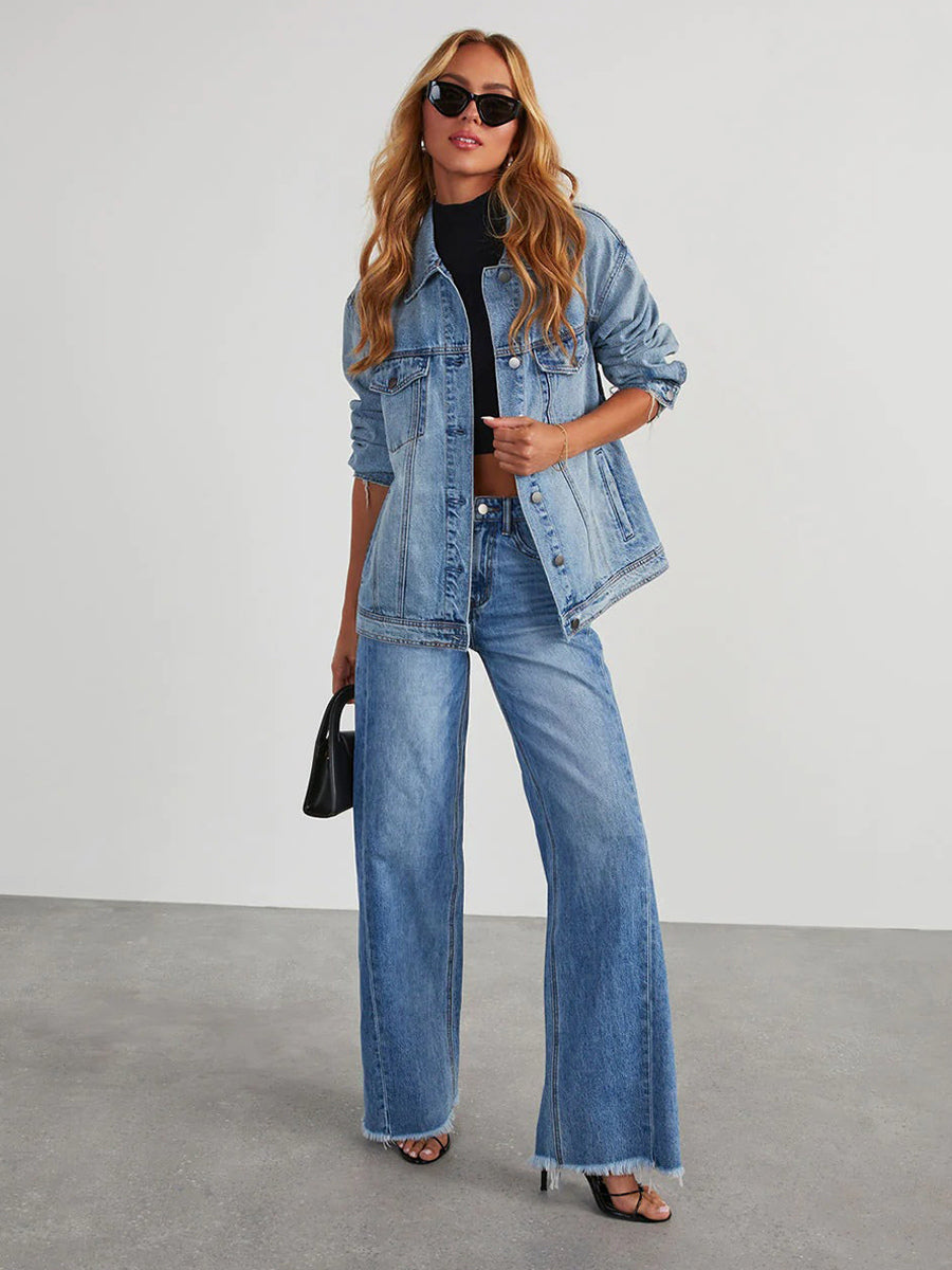 Seam Front Wide Leg Jeans For Women - Retro Raw Hem Washed Denim - Spring Casual Streetwear 2026