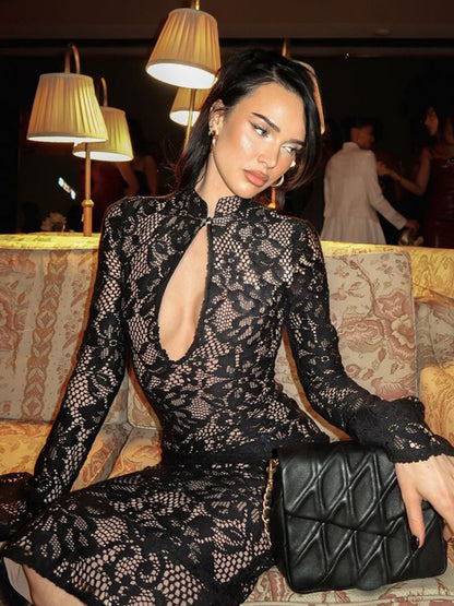 Lace Bodycon Midi Dress For Women - Black Vintage Keyhole Bell Sleeve Back Slit Sheath Dress - Spring Cocktail Party 2026