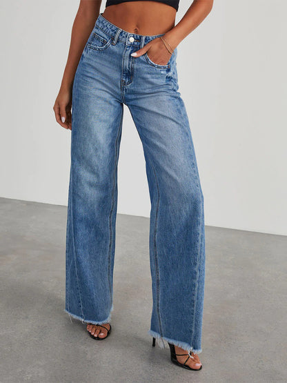 Seam Front Wide Leg Jeans For Women - Retro Raw Hem Washed Denim - Spring Casual Streetwear 2026