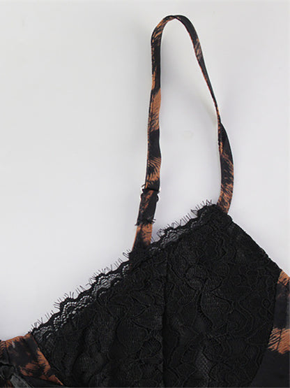 Leopard Print Women Mini Slip Dress - Brown Y2K Lace Patchwork Cami Slip Fit Flare - Summer Club Party Night Out 2026