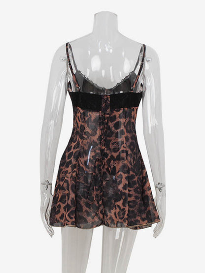 Leopard Print Women Mini Slip Dress - Brown Y2K Lace Patchwork Cami Slip Fit Flare - Summer Club Party Night Out 2026