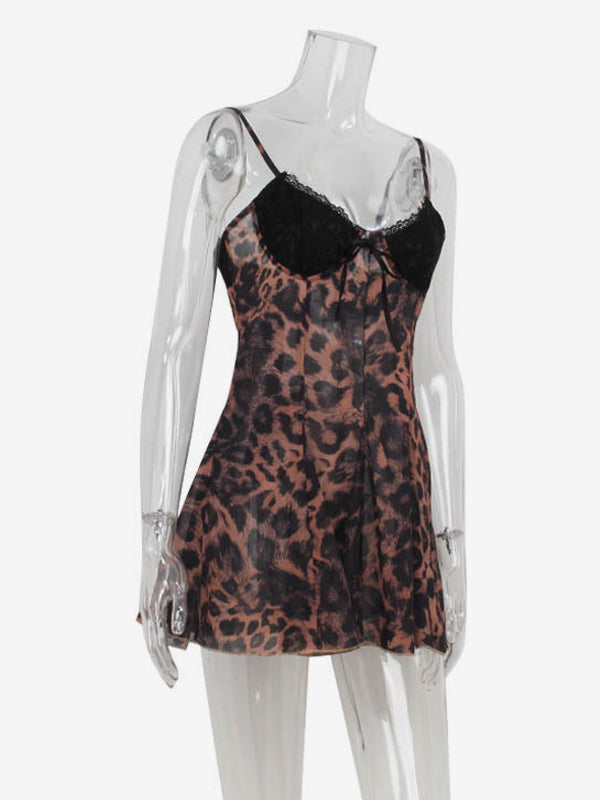 Leopard Print Women Mini Slip Dress - Brown Y2K Lace Patchwork Cami Slip Fit Flare - Summer Club Party Night Out 2026