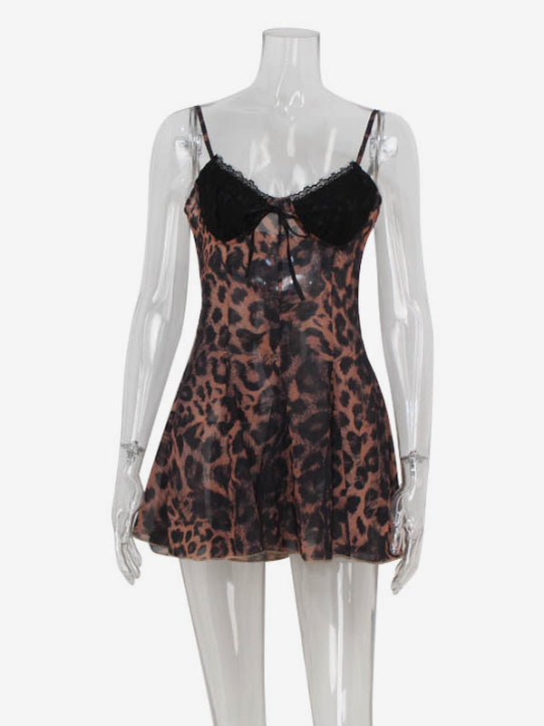 Leopard Print Women Mini Slip Dress - Brown Y2K Lace Patchwork Cami Slip Fit Flare - Summer Club Party Night Out 2026