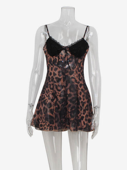 Leopard Print Women Mini Slip Dress - Brown Y2K Lace Patchwork Cami Slip Fit Flare - Summer Club Party Night Out 2026