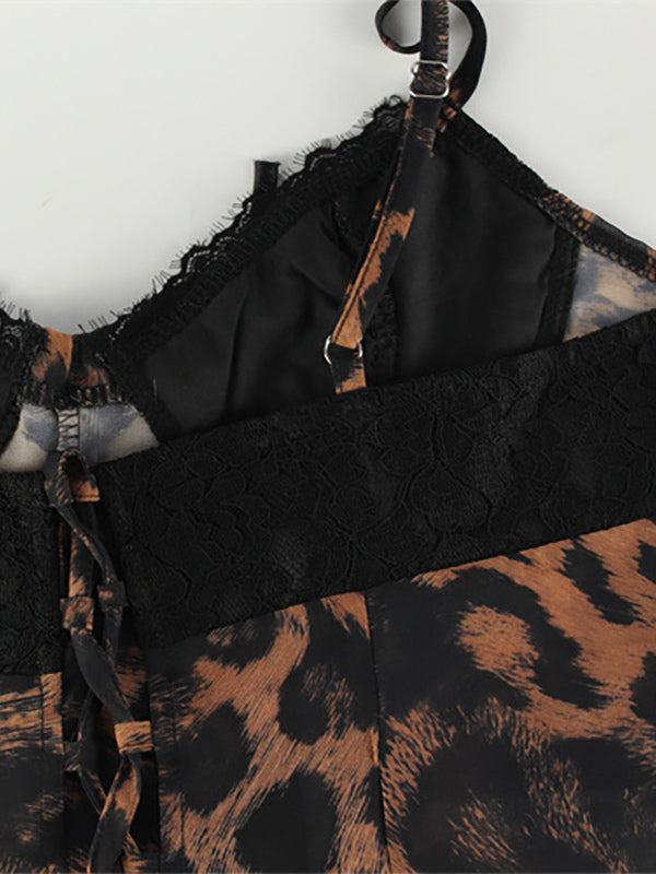Leopard Print Women Mini Slip Dress - Brown Y2K Lace Patchwork Cami Slip Fit Flare - Summer Club Party Night Out 2026