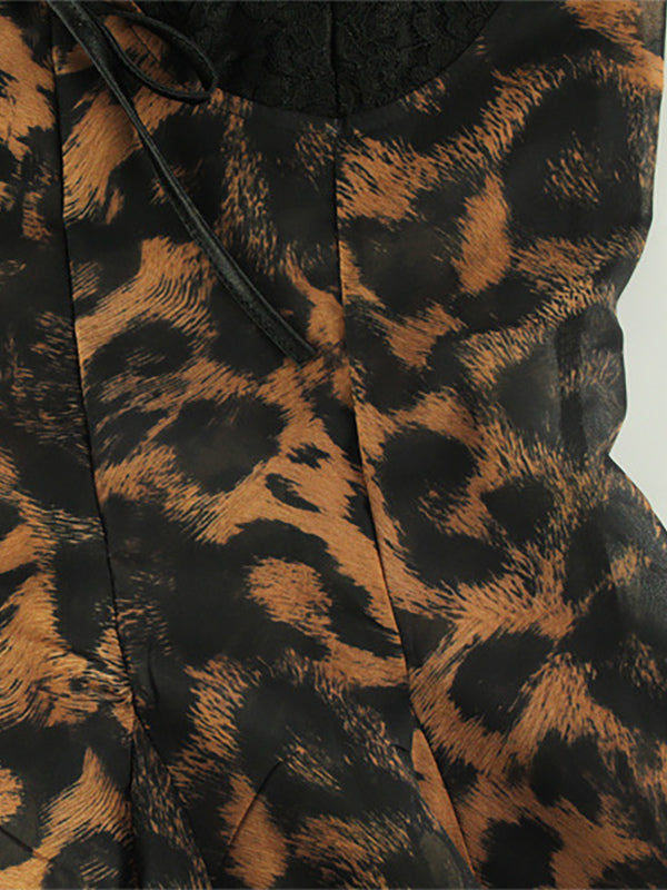 Leopard Print Women Mini Slip Dress - Brown Y2K Lace Patchwork Cami Slip Fit Flare - Summer Club Party Night Out 2026
