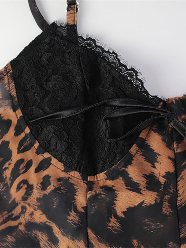 Leopard Print Women Mini Slip Dress - Brown Y2K Lace Patchwork Cami Slip Fit Flare - Summer Club Party Night Out 2026