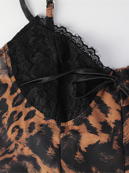 Leopard Print Women Mini Slip Dress - Brown Y2K Lace Patchwork Cami Slip Fit Flare - Summer Club Party Night Out 2026
