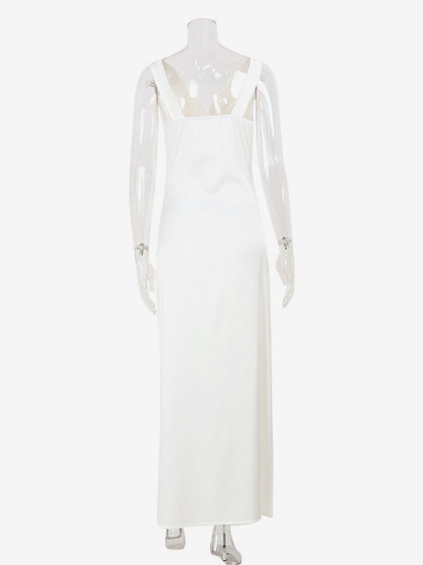 White Satin Women Maxi Dress - Elegant Silk Style Cowl Neck Backless Sleeveless Gown - Summer Evening Party Prom 2026
