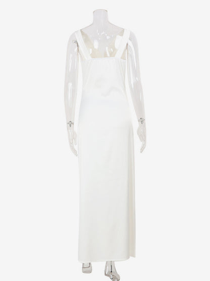 White Satin Women Maxi Dress - Elegant Silk Style Cowl Neck Backless Sleeveless Gown - Summer Evening Party Prom 2026