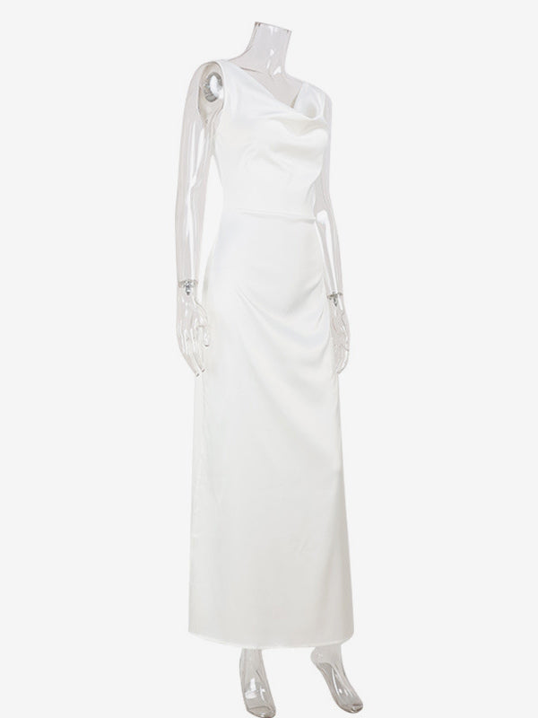 White Satin Women Maxi Dress - Elegant Silk Style Cowl Neck Backless Sleeveless Gown - Summer Evening Party Prom 2026