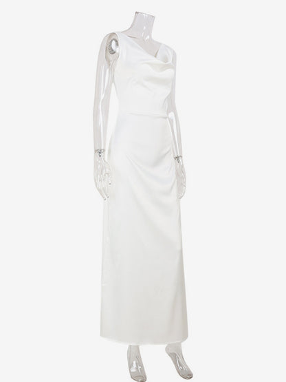 White Satin Women Maxi Dress - Elegant Silk Style Cowl Neck Backless Sleeveless Gown - Summer Evening Party Prom 2026