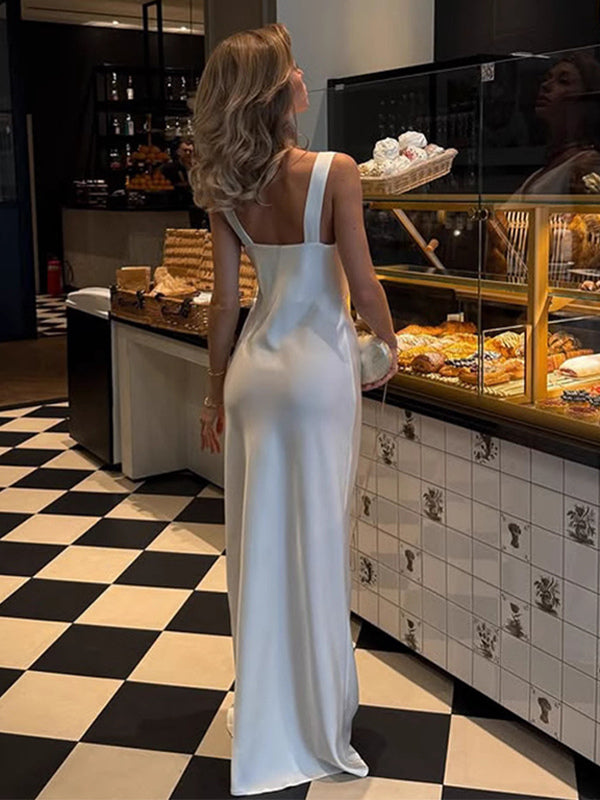 White Satin Women Maxi Dress - Elegant Silk Style Cowl Neck Backless Sleeveless Gown - Summer Evening Party Prom 2026