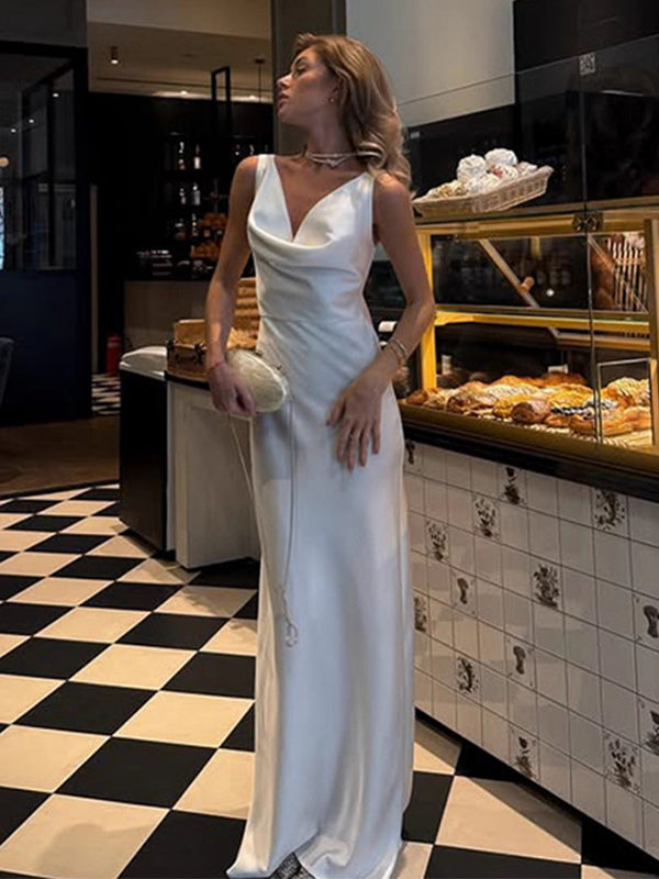 White Satin Women Maxi Dress - Elegant Silk Style Cowl Neck Backless Sleeveless Gown - Summer Evening Party Prom 2026