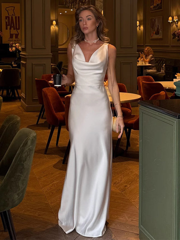 White Satin Women Maxi Dress - Elegant Silk Style Cowl Neck Backless Sleeveless Gown - Summer Evening Party Prom 2026