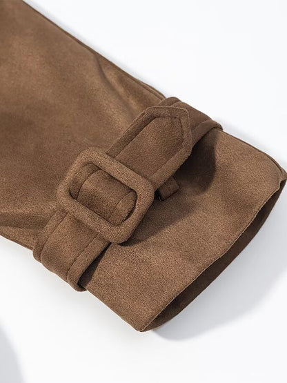 Faux Suede Trench Coat For Women - Retro Double Breasted Belted Maxi Jacket - Spring Commuter Style 2026