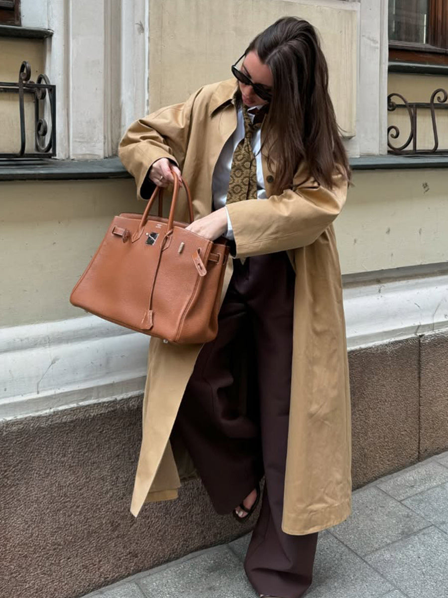 Classic Long Trench Coat For Women - Khaki Minimalist Single-Breasted Relaxed Fit Dust Coat - Spring Office-to-dinner Outerwear 2026