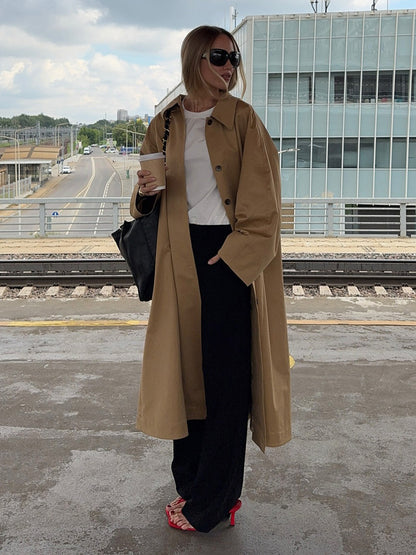 Classic Long Trench Coat For Women - Khaki Minimalist Single-Breasted Relaxed Fit Dust Coat - Spring Office-to-dinner Outerwear 2026