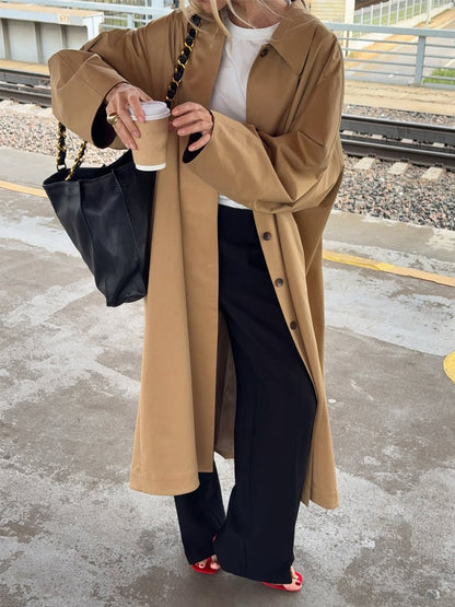 Classic Long Trench Coat For Women - Khaki Minimalist Single-Breasted Relaxed Fit Dust Coat - Spring Office-to-dinner Outerwear 2026