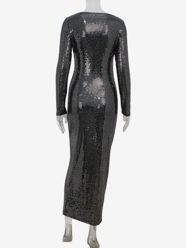Shimmery Sequin Ruched Maxi Dress For Women - Black Boat Neck Long Sleeve Bodycon Gown - Spring Gala Party 2026