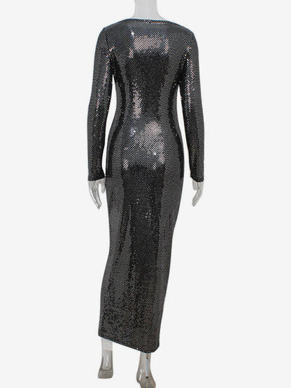 Shimmery Sequin Ruched Maxi Dress For Women - Black Boat Neck Long Sleeve Bodycon Gown - Spring Gala Party 2026