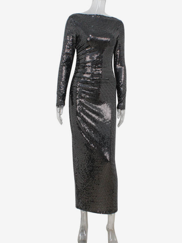 Shimmery Sequin Ruched Maxi Dress For Women - Black Boat Neck Long Sleeve Bodycon Gown - Spring Gala Party 2026