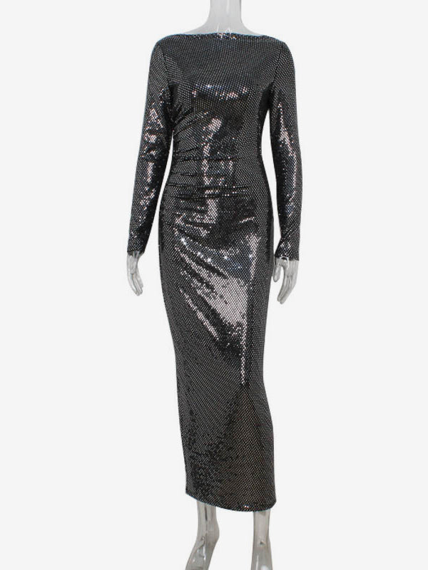 Shimmery Sequin Ruched Maxi Dress For Women - Black Boat Neck Long Sleeve Bodycon Gown - Spring Gala Party 2026