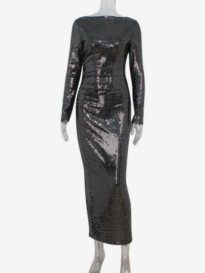 Shimmery Sequin Ruched Maxi Dress For Women - Black Boat Neck Long Sleeve Bodycon Gown - Spring Gala Party 2026