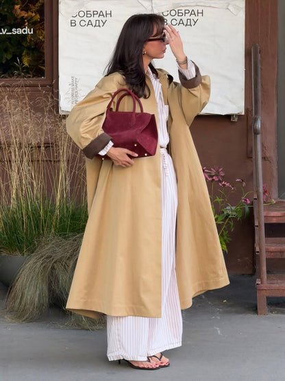 Classic Long Trench Coat For Women - Khaki Minimalist Single-Breasted Relaxed Fit Dust Coat - Spring Office-to-dinner Outerwear 2026